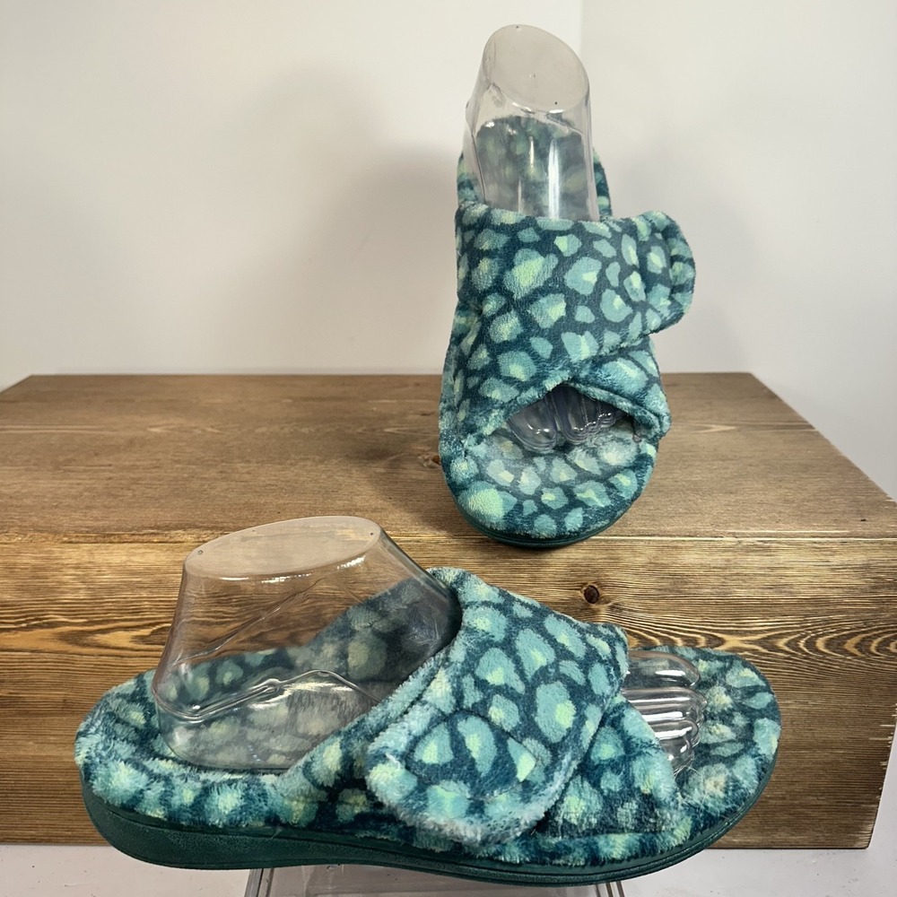 VIONIC Posy Leopard Plush Slide Slipper Women 9 Green Orthotic Comfy Adjustable